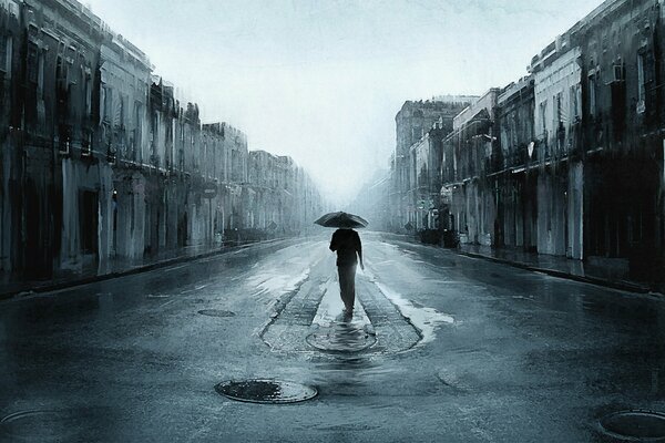 Lonely with an umbrella in a deserted city