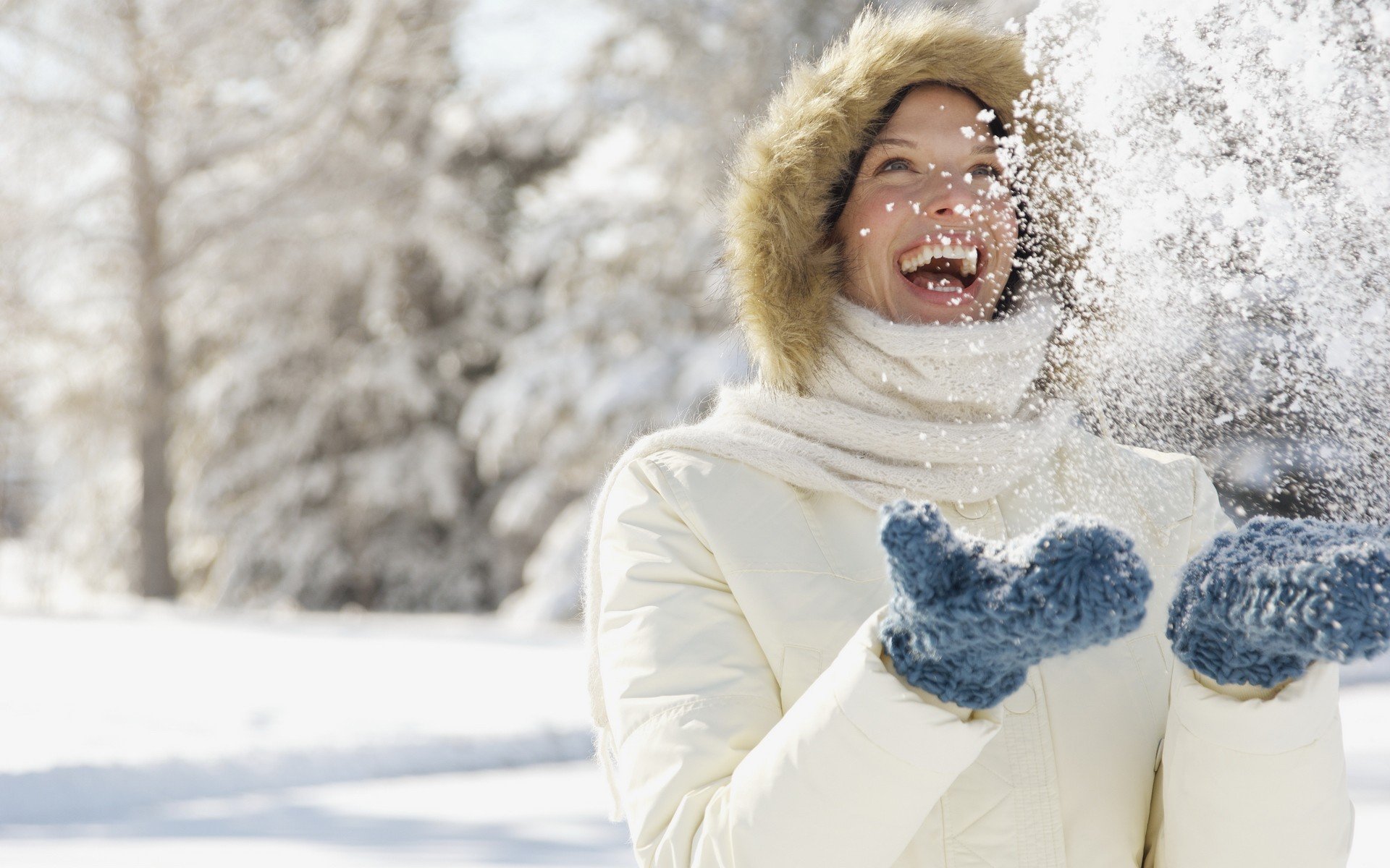 mood girl snow winter happiness laughter smile snowflakes gloves hands nature