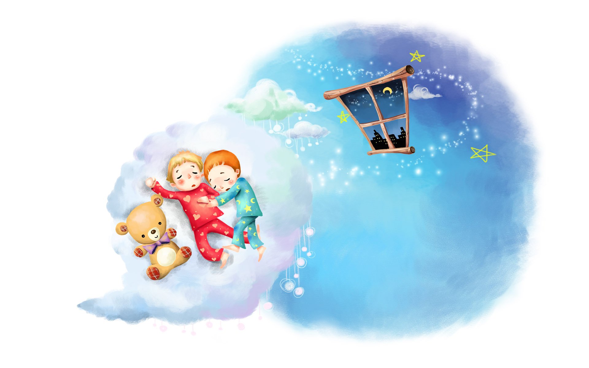 dessin nuages enfants sommeil enfance pyjamas fenêtre mois ours en peluche