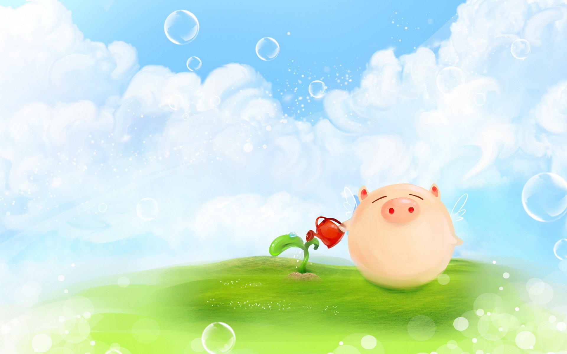 picture meadow plant the germ lake pig pigs wings bubbles clouds positive