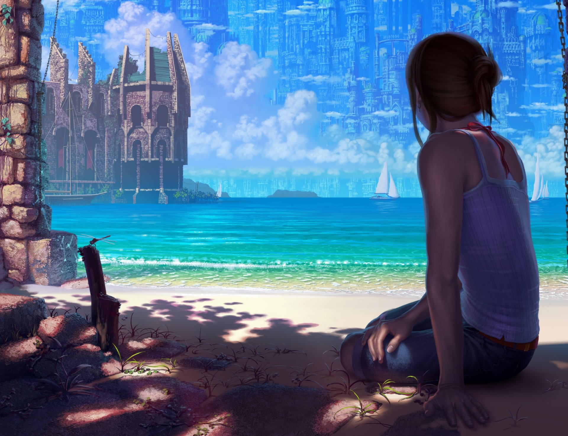 art reishin girl sea ocean castle fortress town coast beach sand sailboats dragonfly