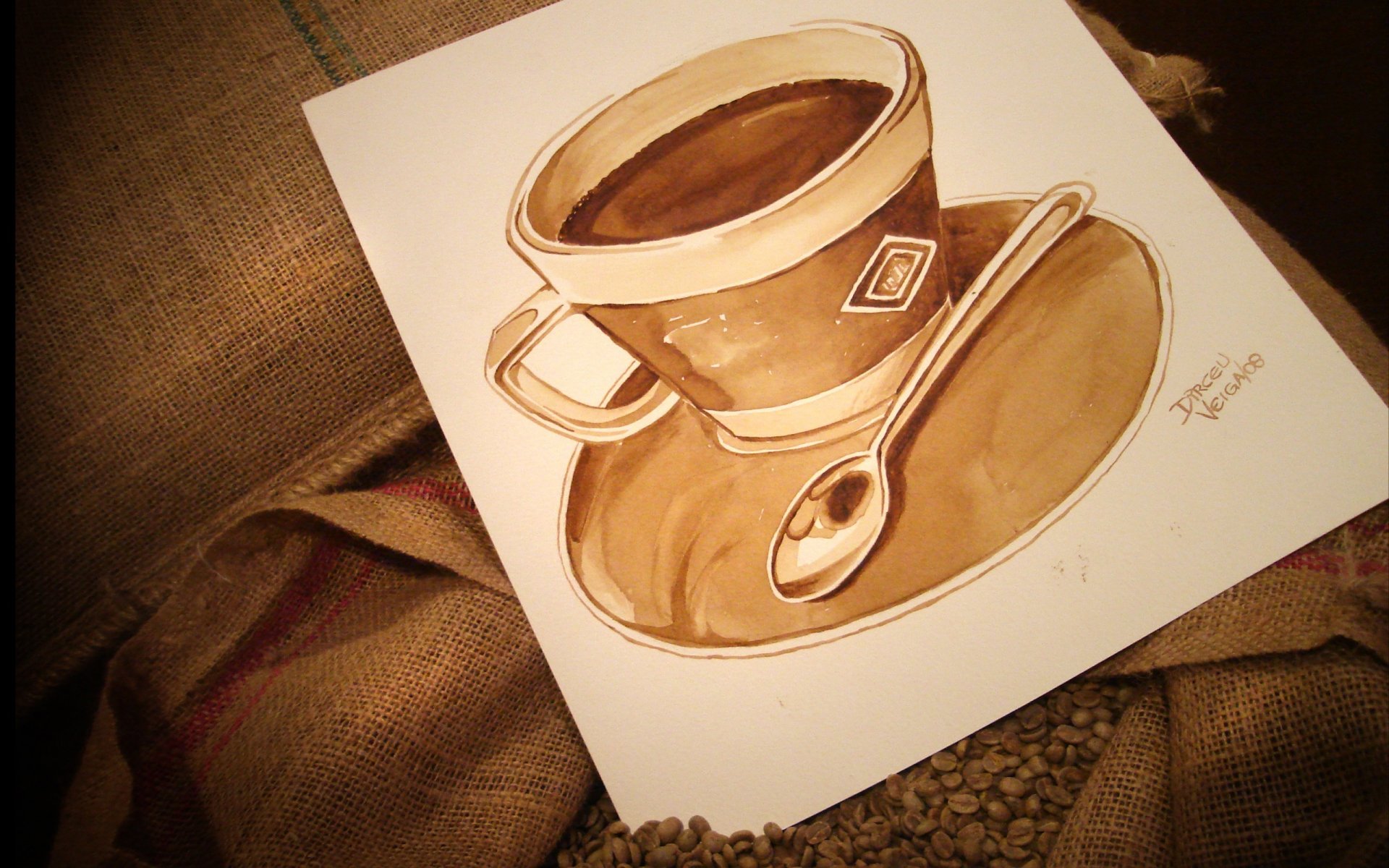 mood coffee painted a cup of coffee mug cup spoon dish paper bag grain