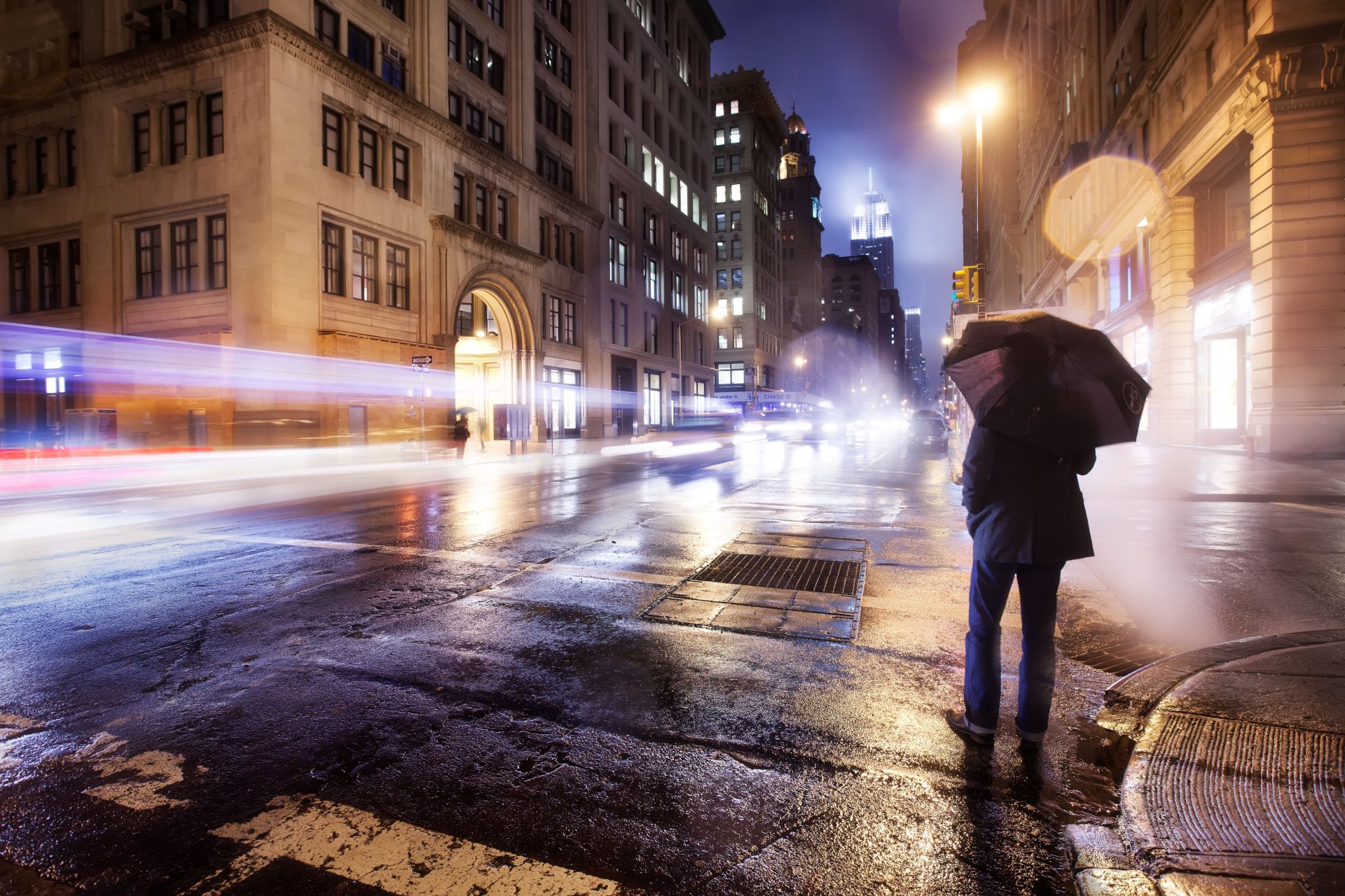 estado de ánimo carretera soledad hombre paraguas lluvia luces nueva york calle fondo de pantalla estados unidos américa