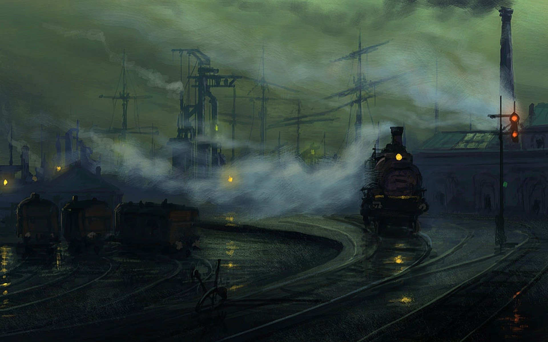 night rails the path steam engine lights art industrial landscape study by raphael lacoste