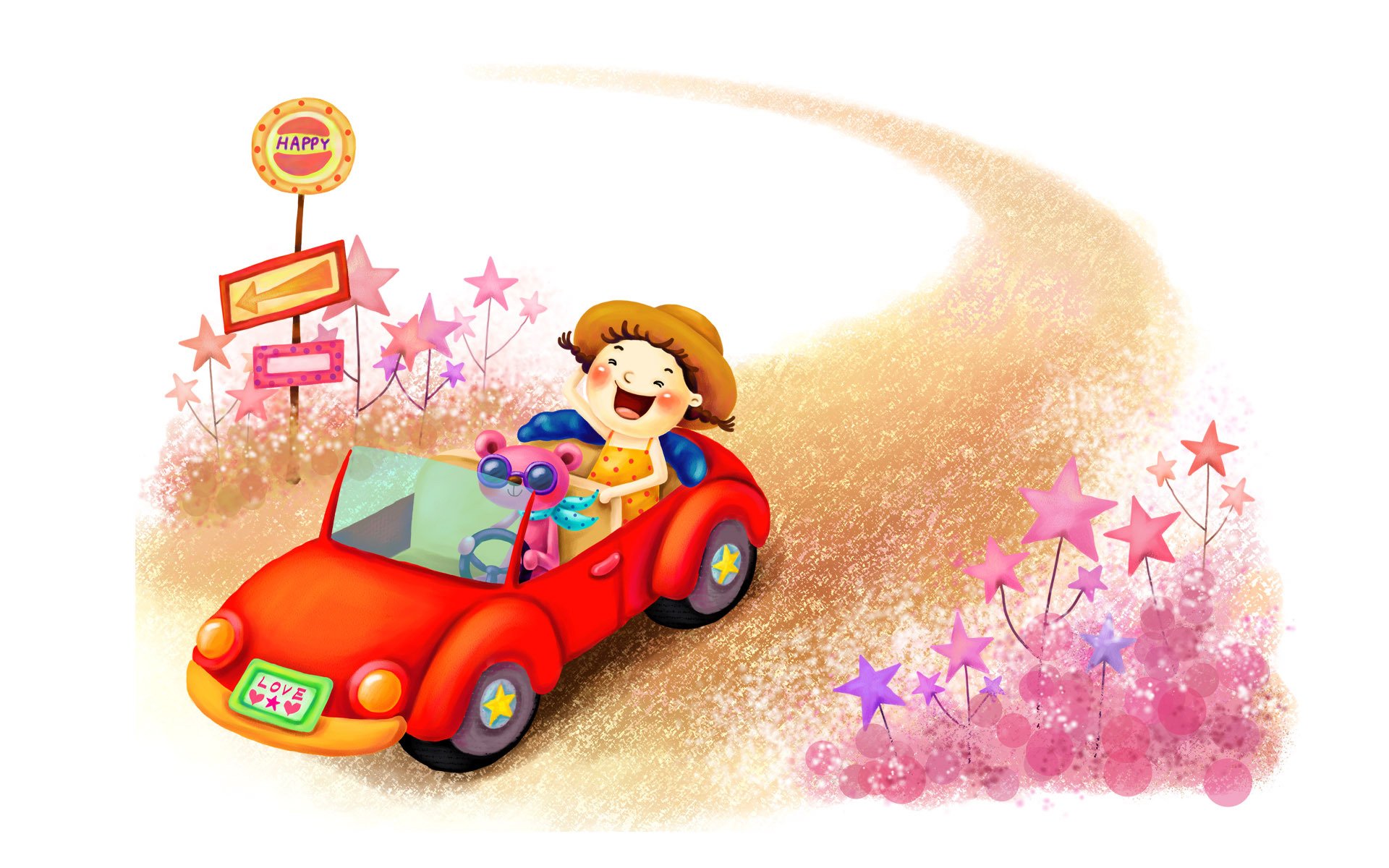 dessin fille fantaisie enfance rire route voiture pointeur chapeau