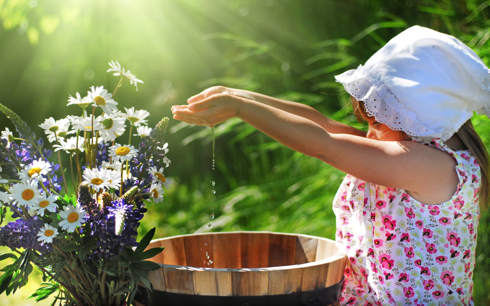 girl sundress scarf palm water drops flower chamomile green spring