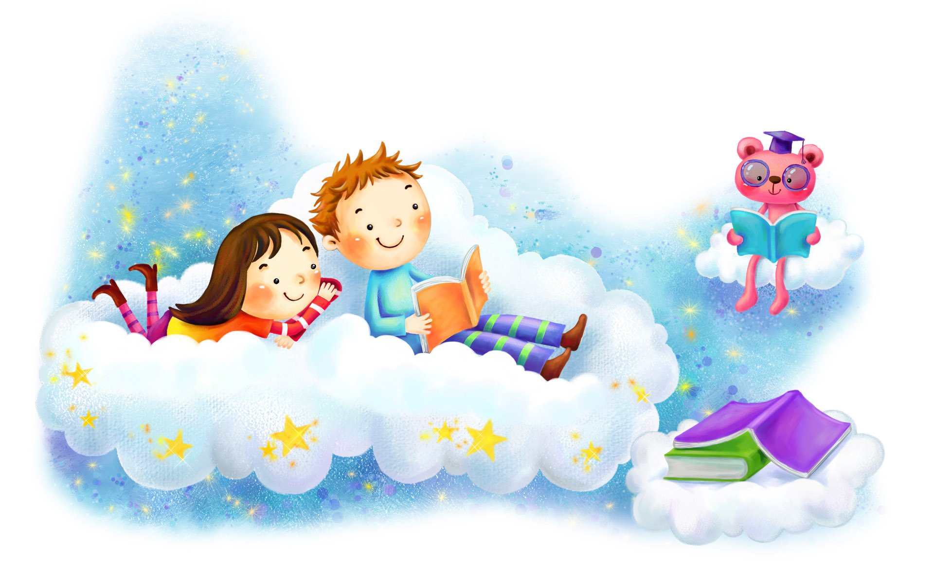 picture girl boys cloud fantasy books smile