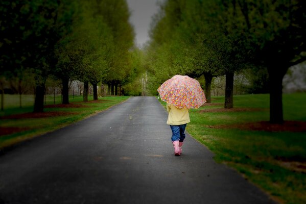 A little girl walks down the road with an umbrella