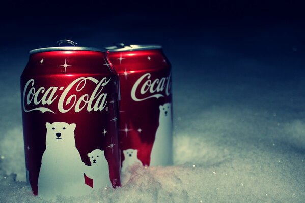 Cans of Coca Cola in the snow