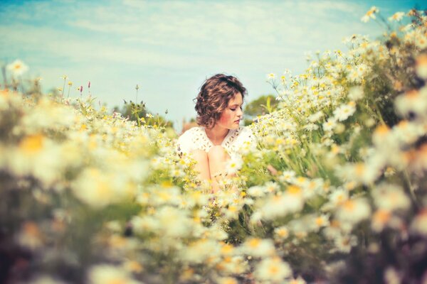 A girl on a chamomile field, against the background of a summer sky