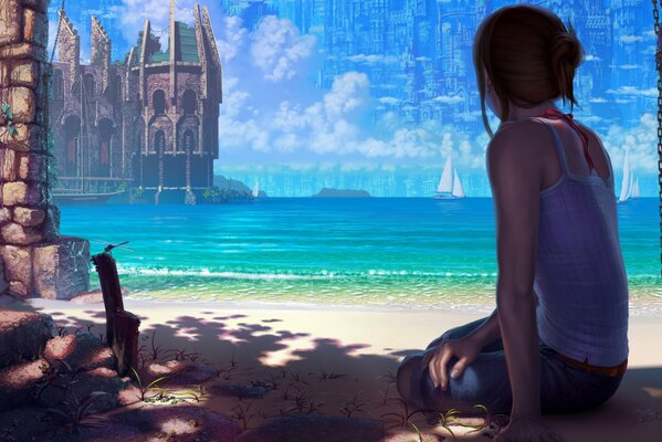 Рисунок от Reishin с девушкой у моря и замка
