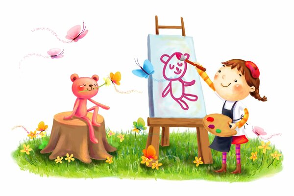 На лужайке летом девочка рисует красками на холсте