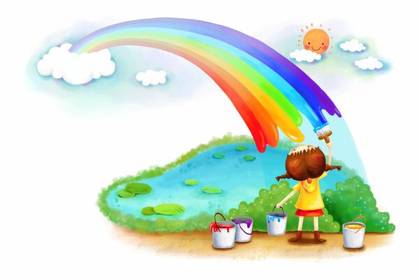 A girl draws a multicolored rainbow in the sky