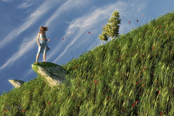 Art de la jeune fille debout sur un rocher