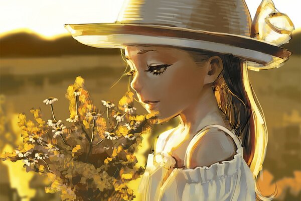 Art with a girl in a hat with a bouquet of flowers