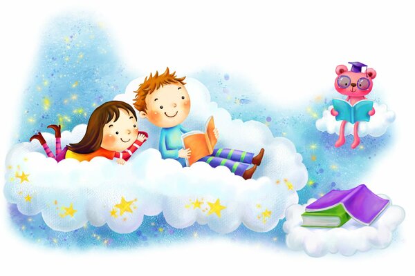 Chłopiec i dziewczynka leżą na chmurze wśród gwiazd i czytają książkę w towarzystwie różowej pantery z dyplomem