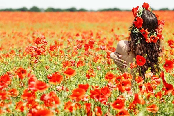 The image of a beautiful girl in a field with poppies