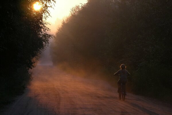 Chica en bicicleta en el bosque de la mañana