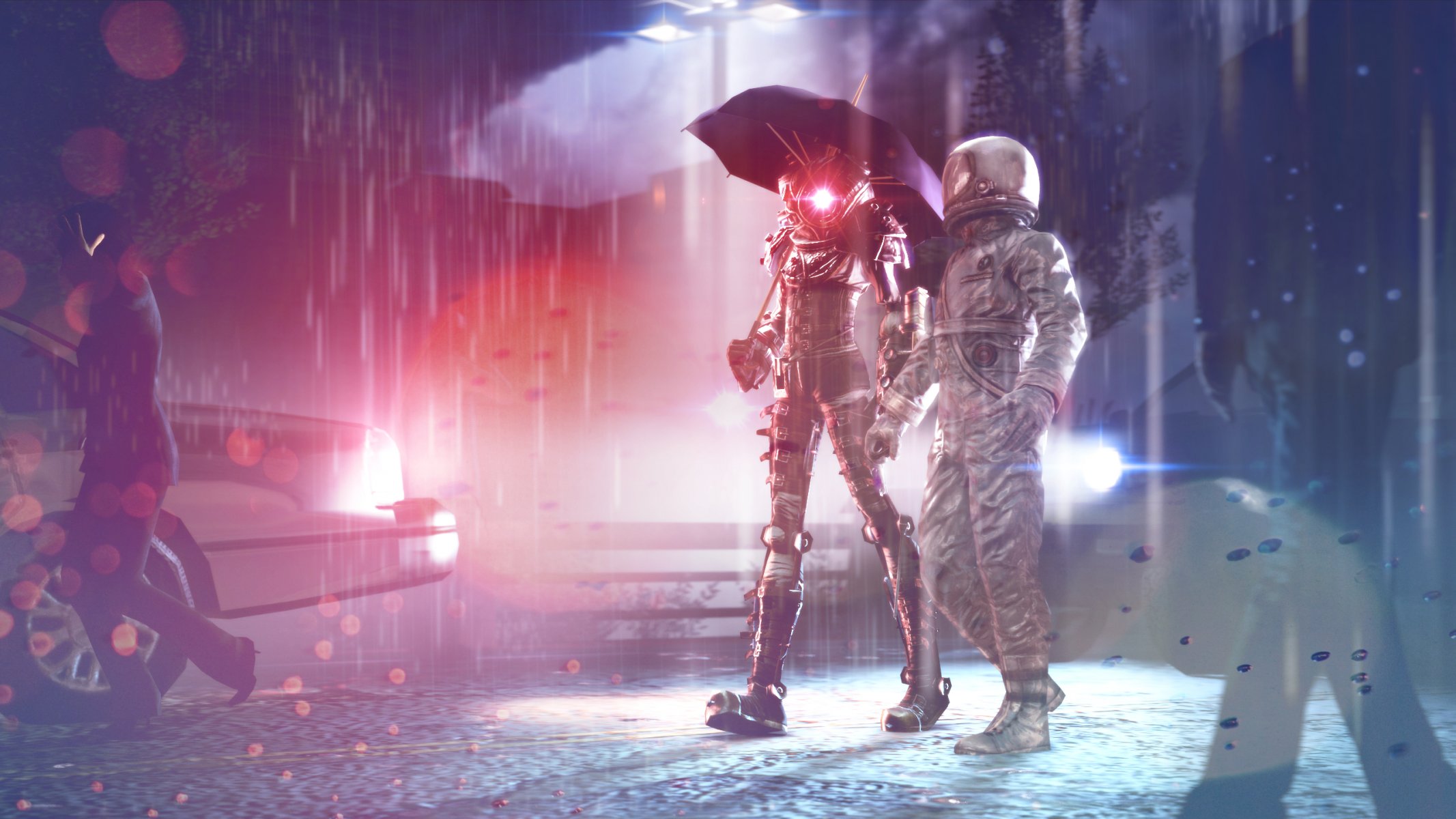 rain walk cosmonaut suit umbrella night asphalt light big sister