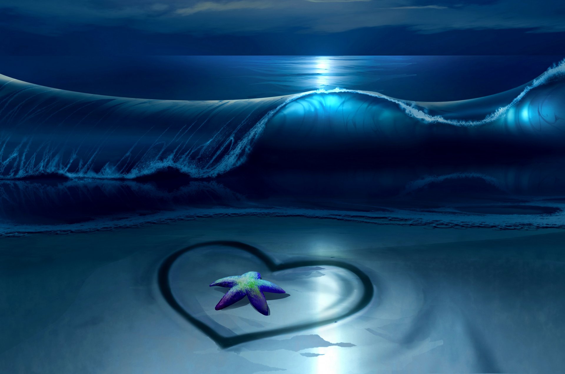 notte spiaggia mare onde cuore stelle marine stelle