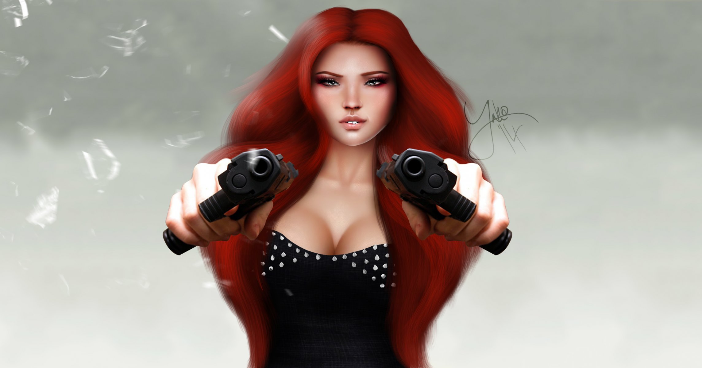 girl face hair view guns rendering