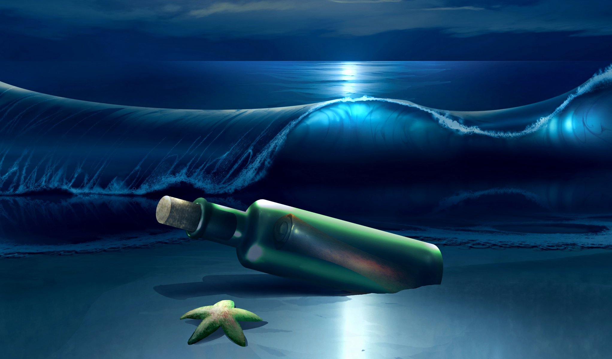 night sea waves bottle starfish star