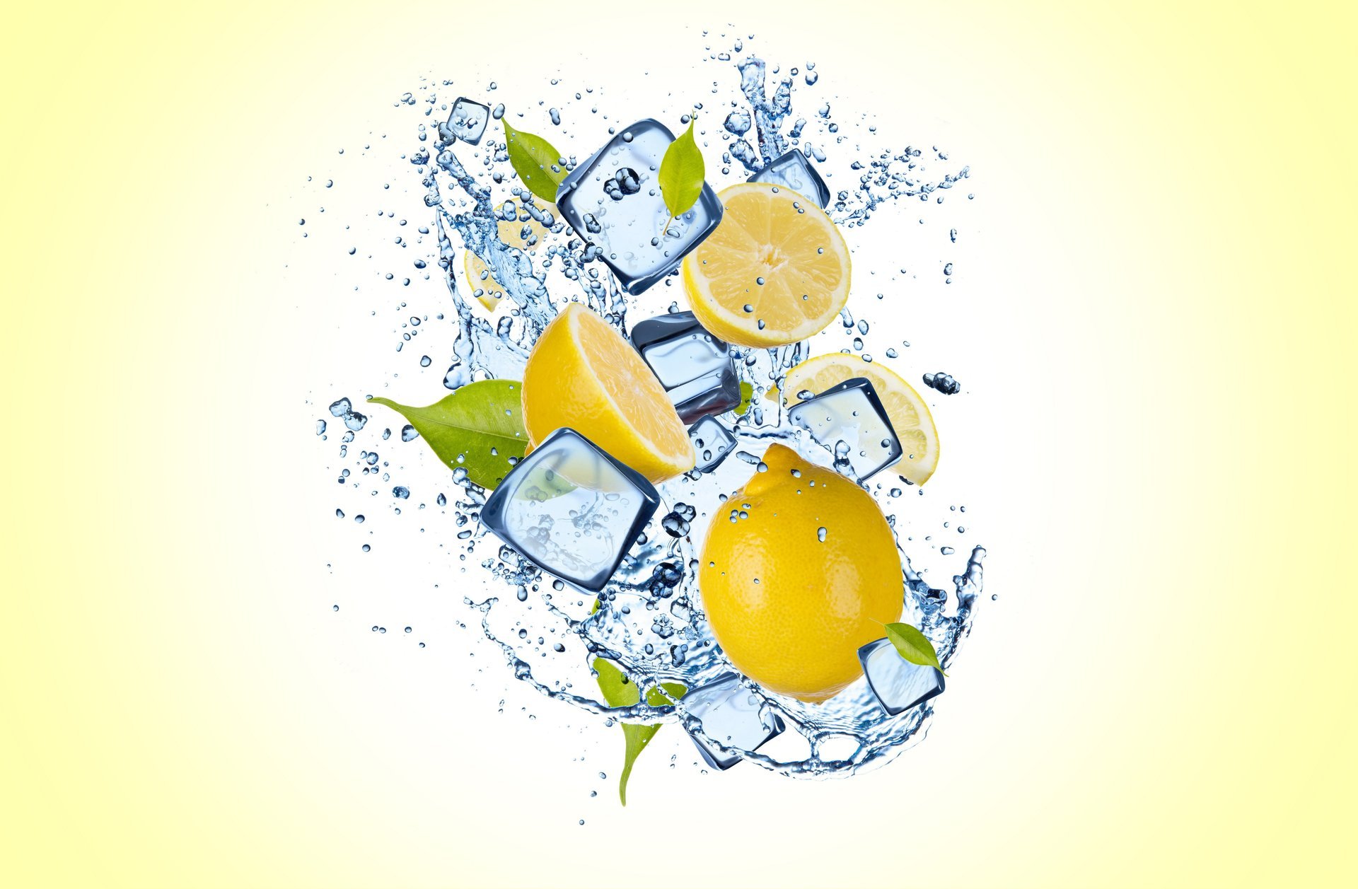 yellow background lemon slices ice water drops lemon