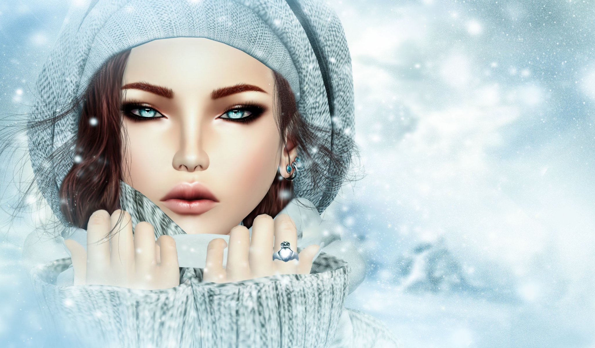 rendering girl view face hat cool winter