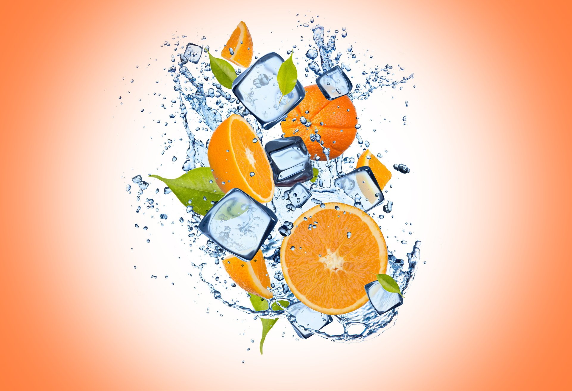 orange background orange slices ice water drops orange