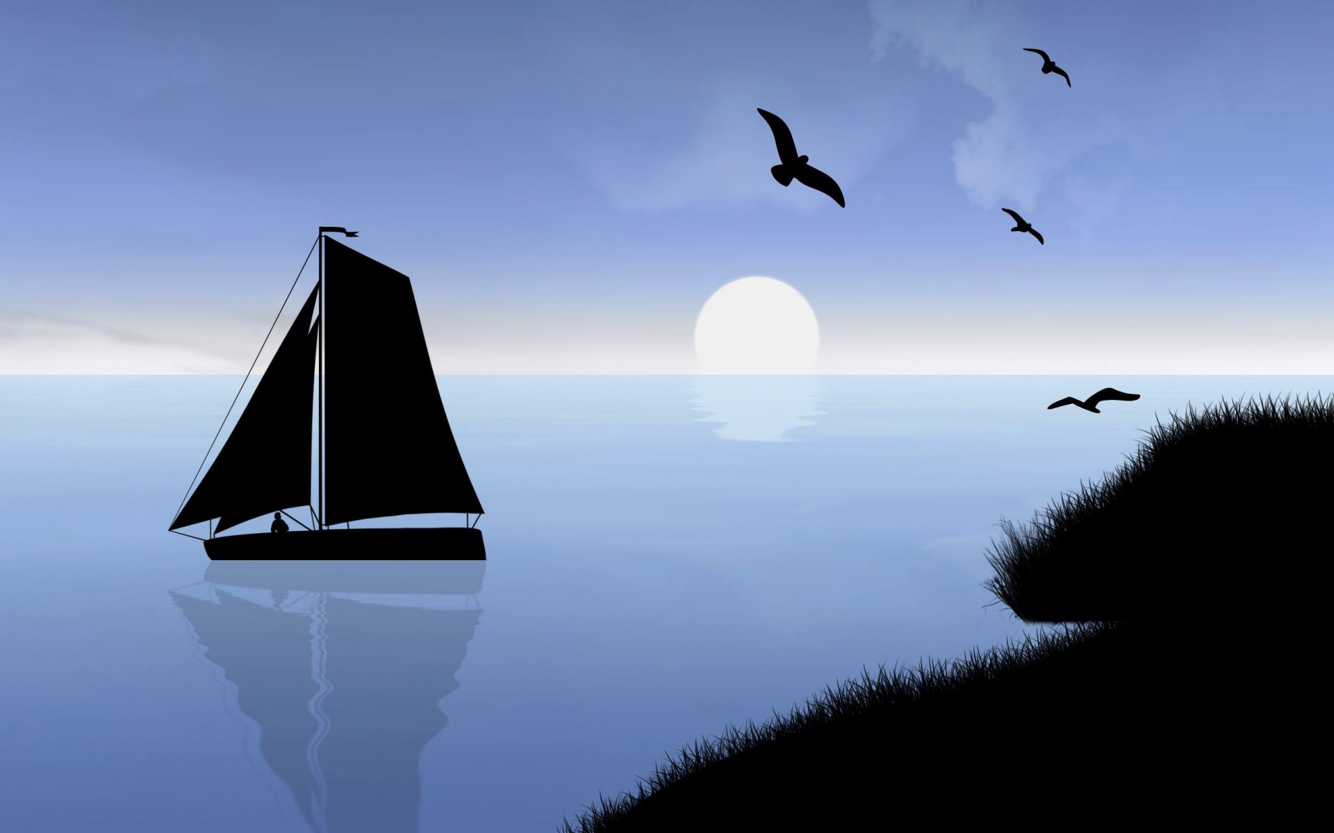 landscape sky sea sunset sun birds boat sail