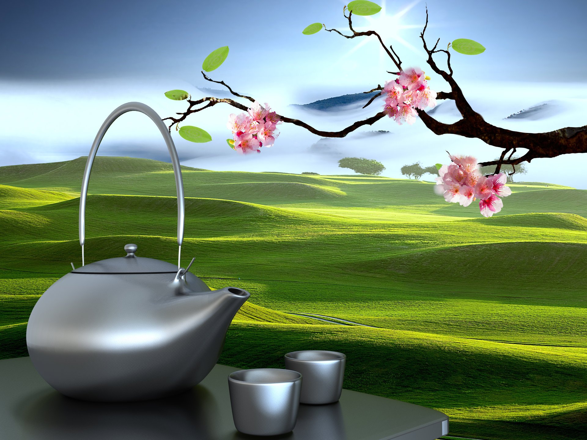 paisaje oriental sakura 3d tetera tazas