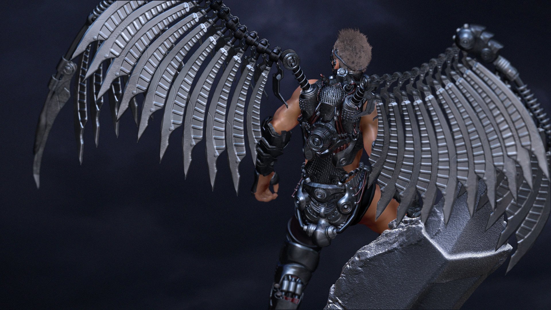 rendering guy angel metal wings armour spin background