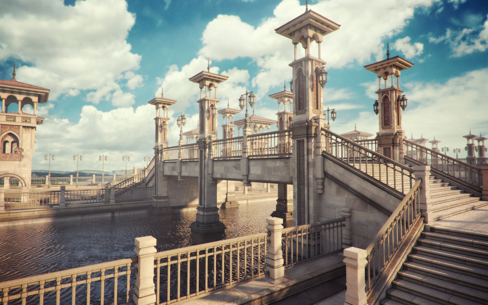 pour le rendu pont canal rivière des lumières de la ville clôture escalier les nuages