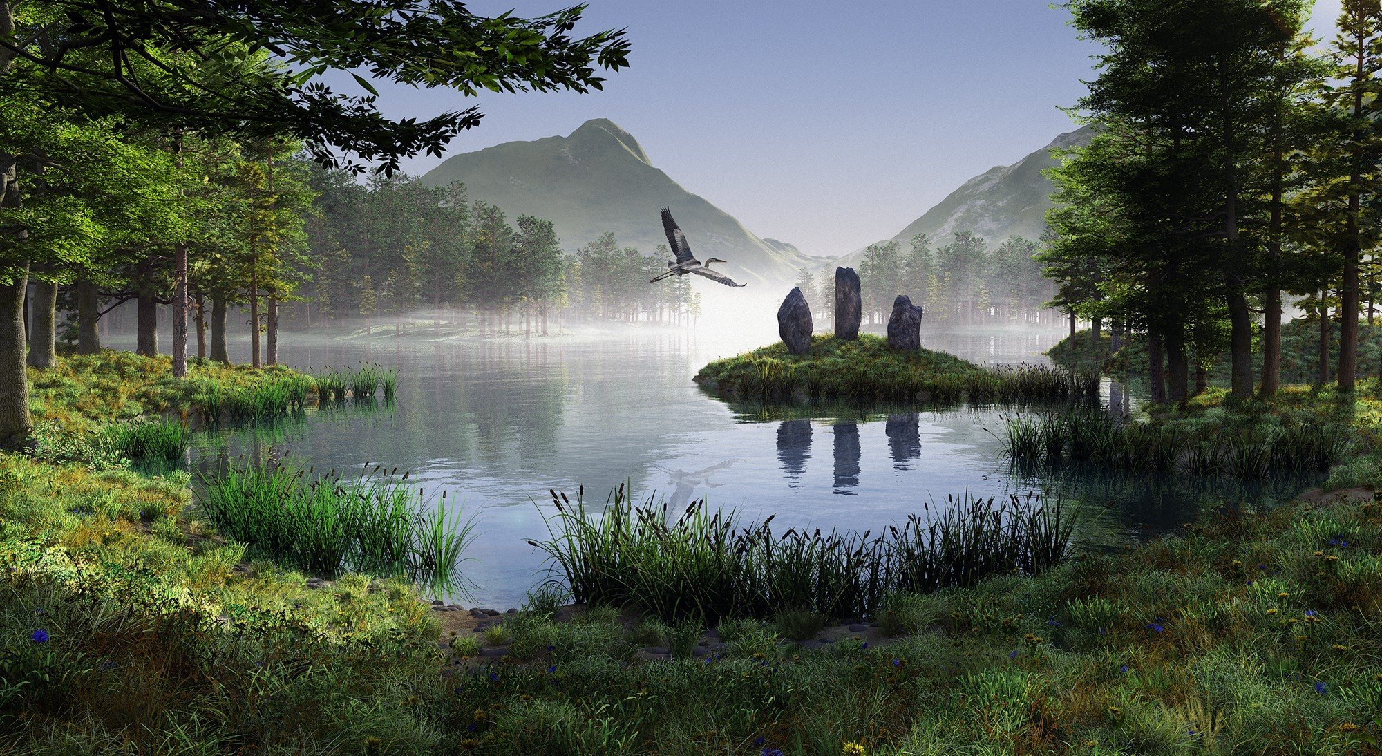 rendering landschaft berge see vogel steine monolith kranich