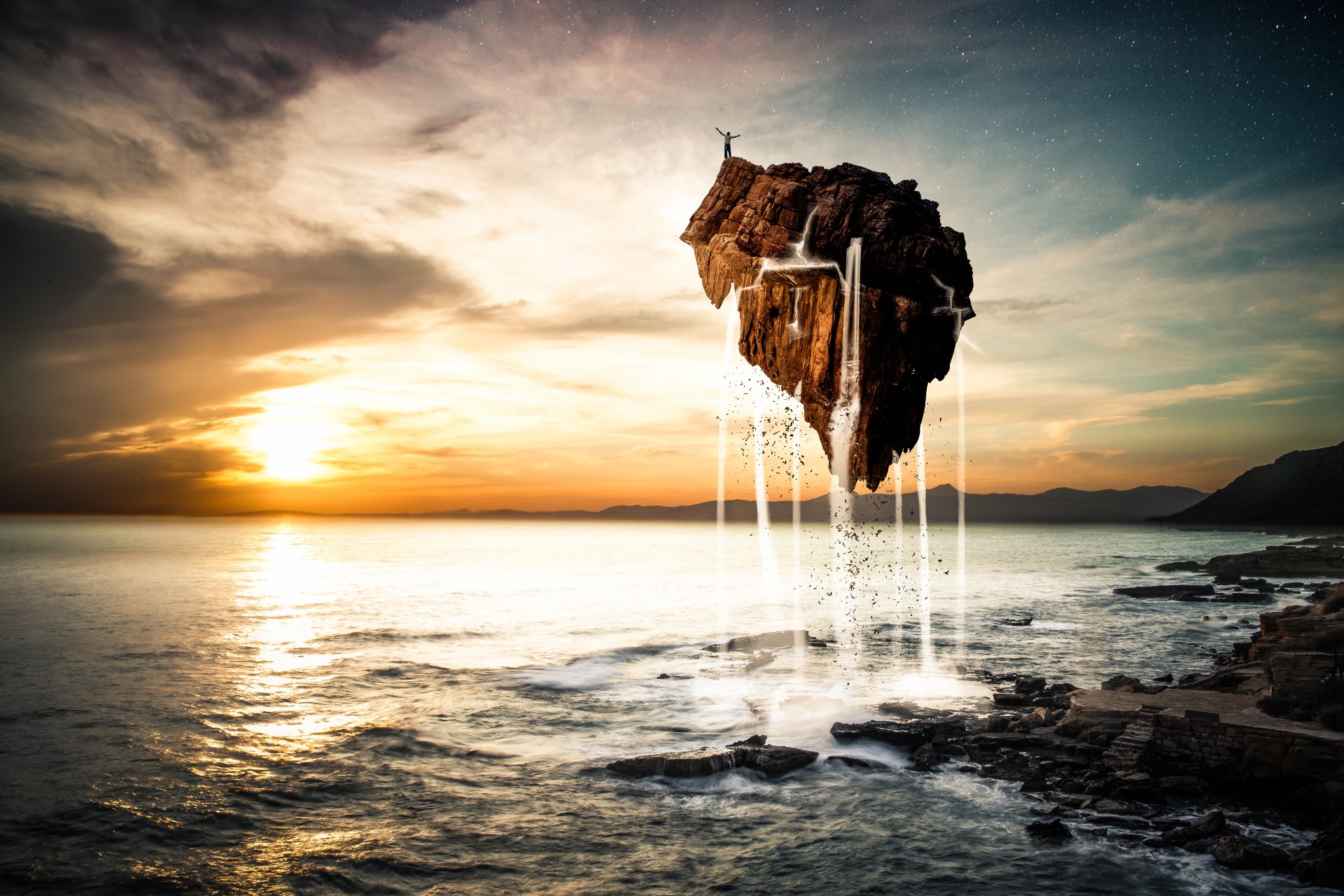 l art le paysage la mer l eau l île coucher de soleil les nuages le ciel les étoiles la pierre le vol la personne