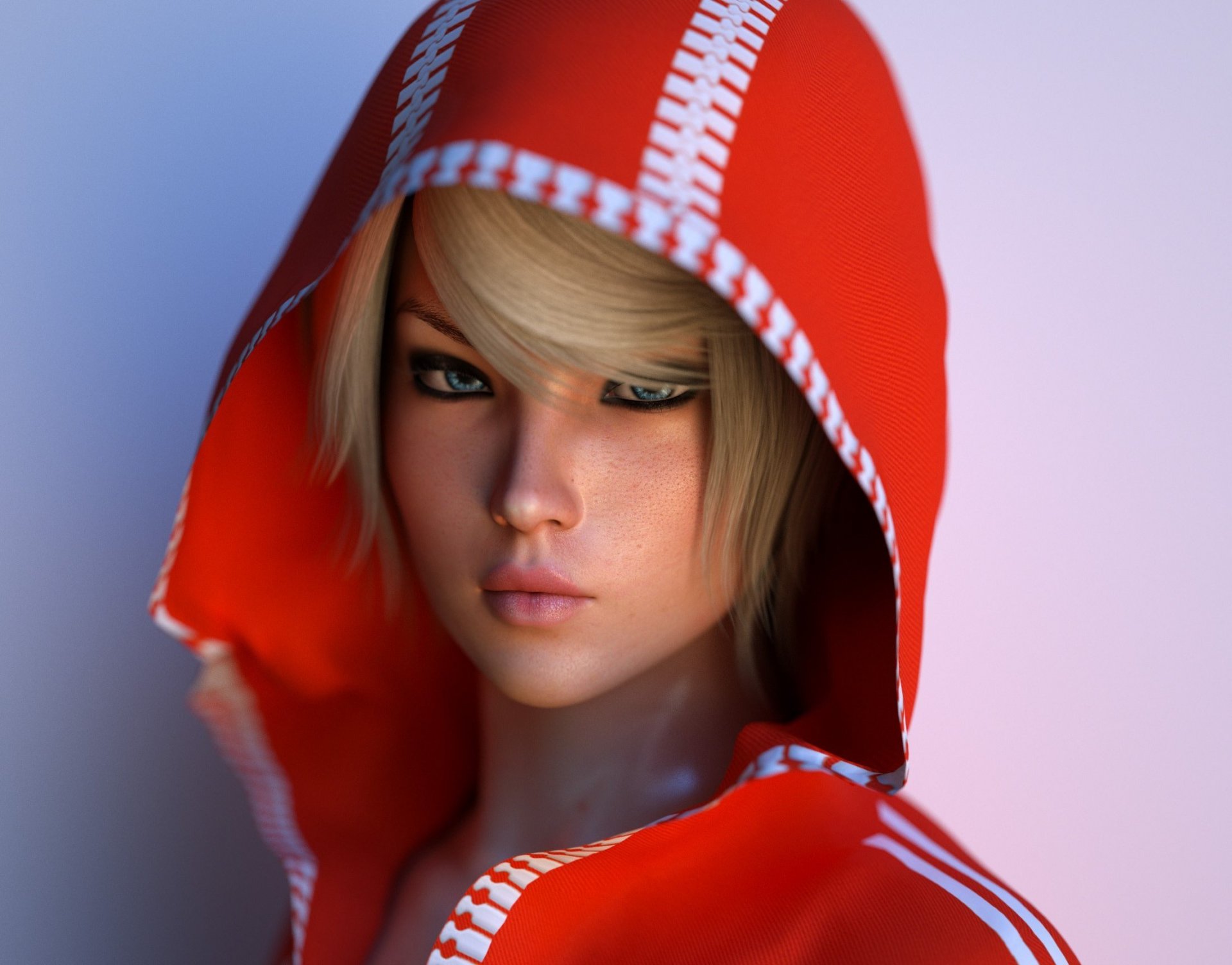 rendering chica 3d rubia mirada capucha