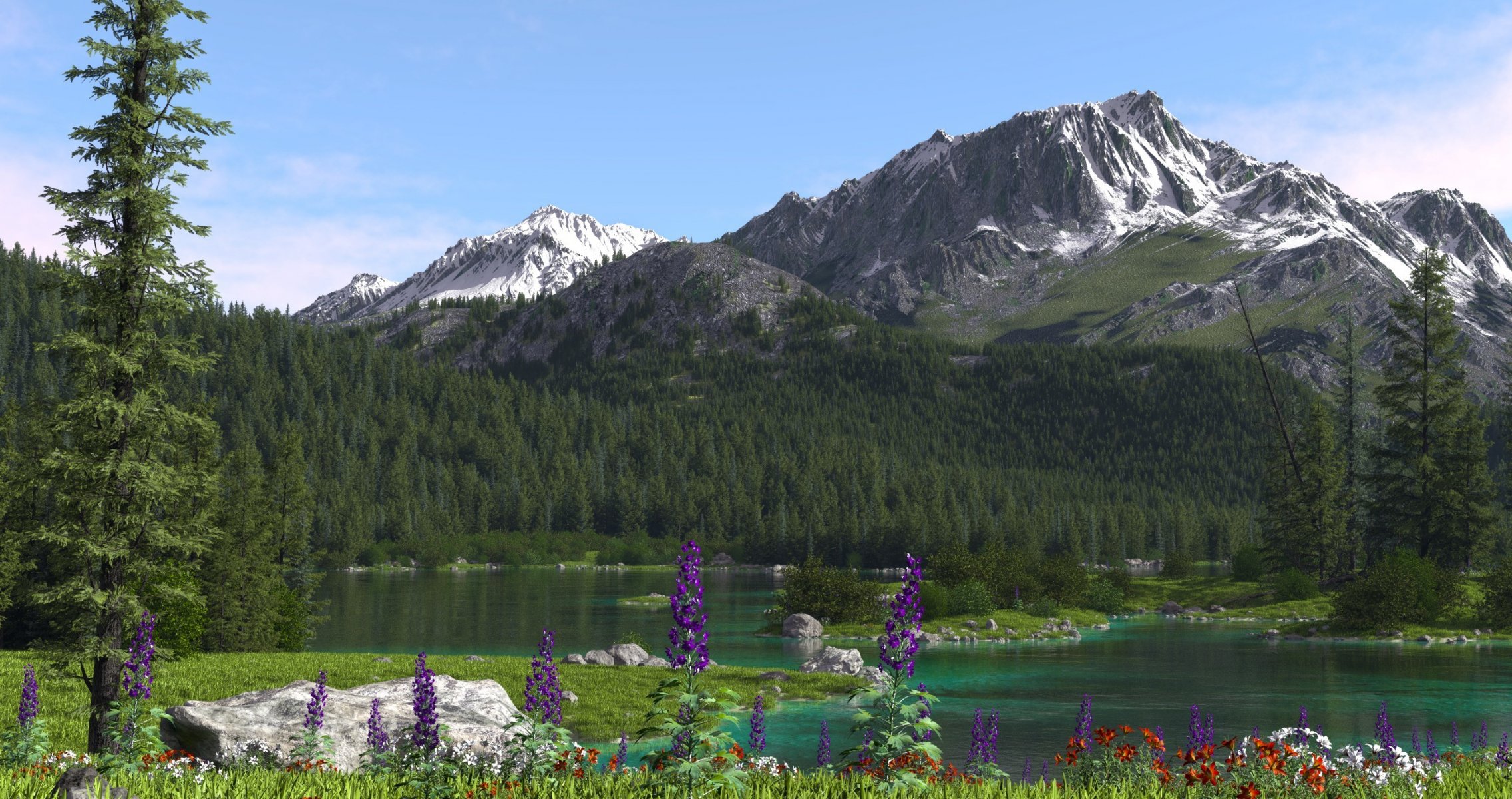 berge natur fluss bäume nadelbäume blumen