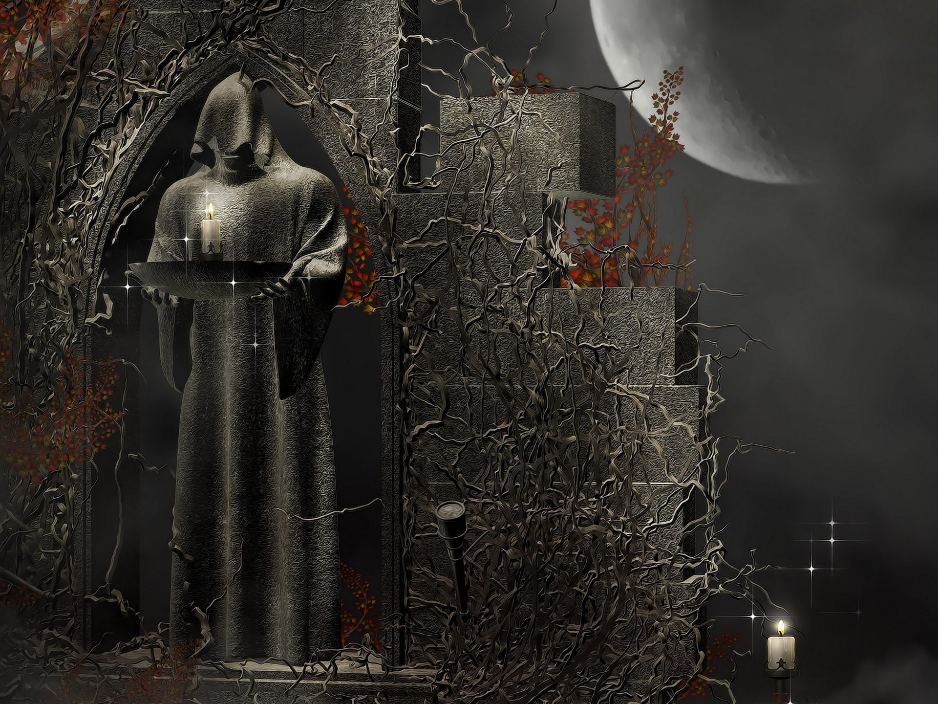 dark dream death rendering moon fantasy figure hood priest stone patterns candles rendering