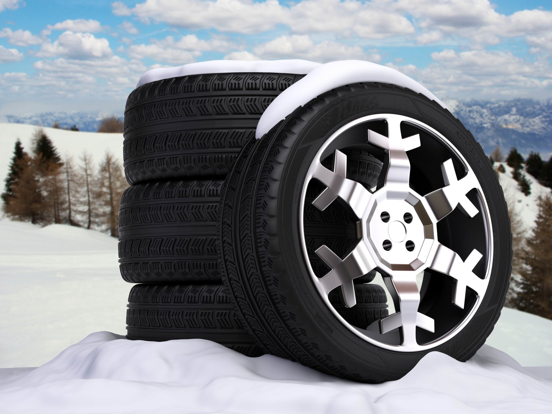 art automobile wheels winter tires cast disc snowflake nature background abstraction 3d wallpaper