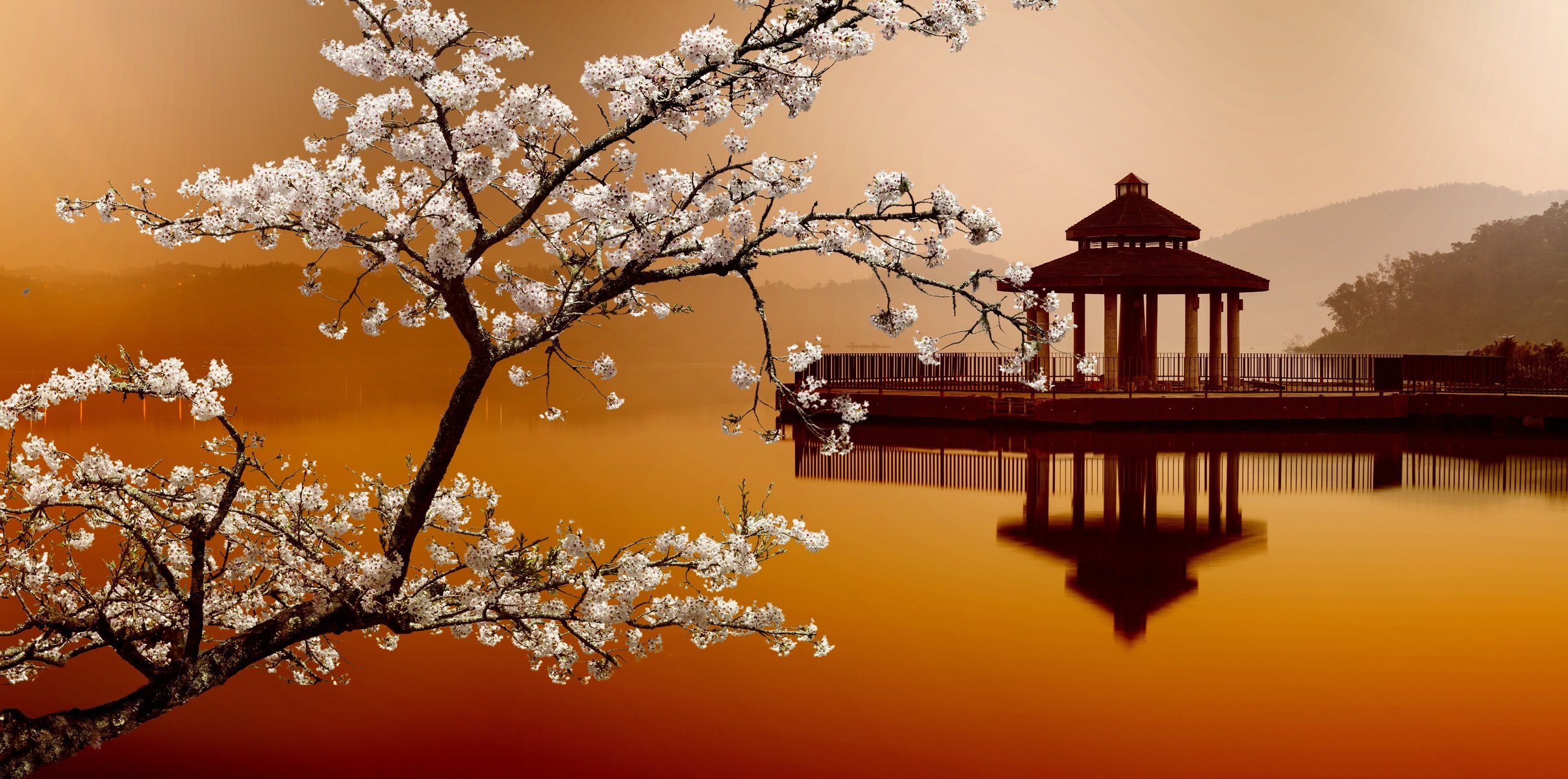 orientalische landschaften sakura häuser auf dem wasser haus auf dem wasser