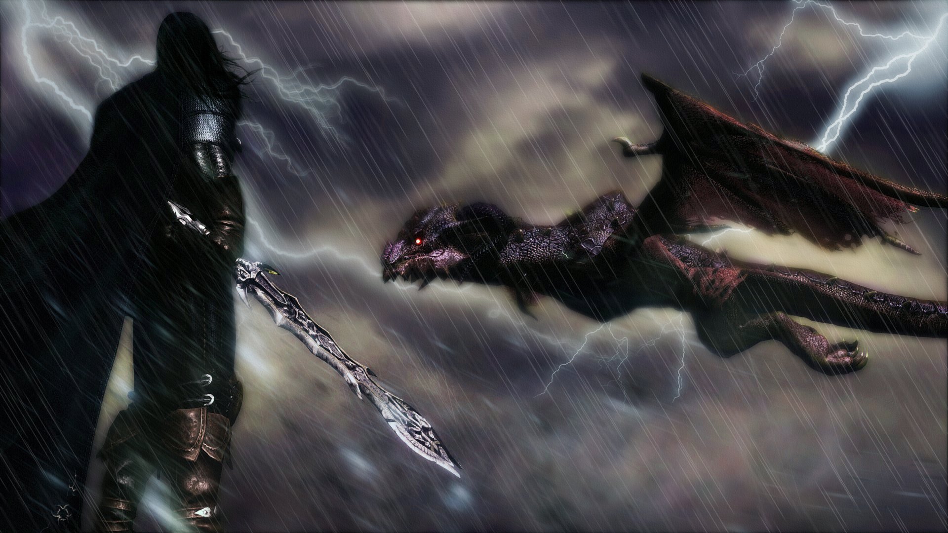 warrior sword dragon rain lightning background rendering