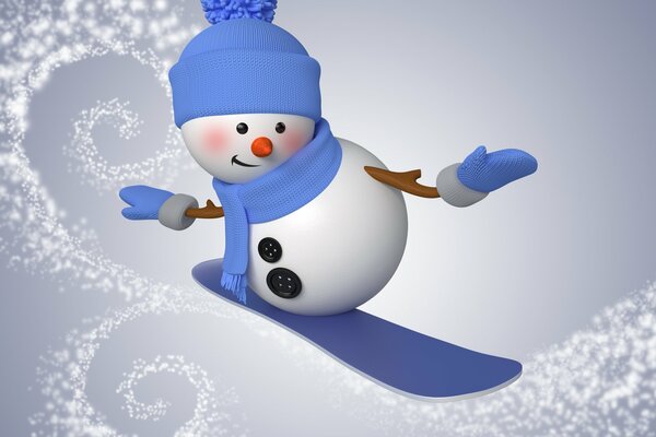 A snowman in a blue hat rides a snowboard beech