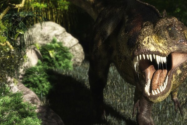 Dinosaurio render con boca abierta y colmillos