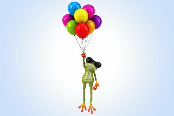 A frog with glasses is flying on balloons