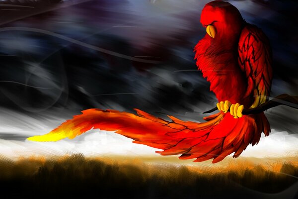 Roter Vogel sitzt im Gewitter auf einem Ast