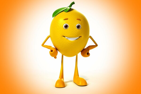 A smiling lemon on an orange background