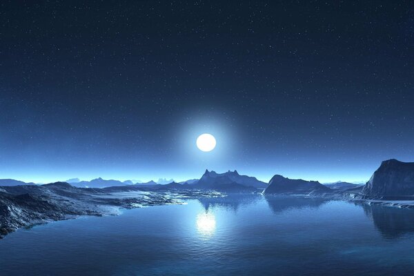 Luna sullo sfondo di montagne e acqua