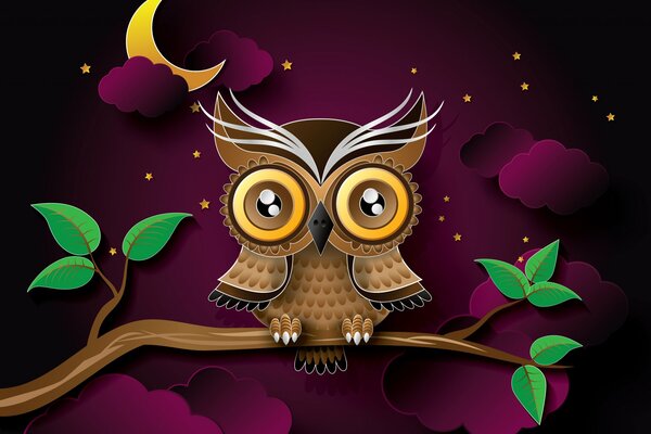 An owl on a burgundy sky background