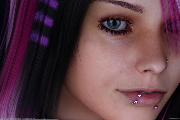 Chica con el pelo rosa y con piercings en la cara