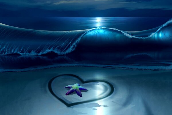 Starfish in the heart on the night beach